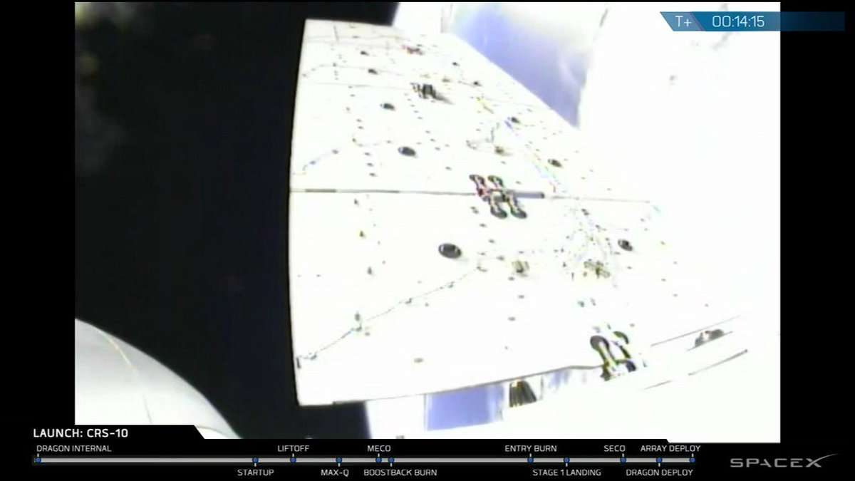 The two solar panels on SpaceX’s Dragon cargo craft have unfurled to their 54-foot (16.5-meter) span. s3.amazonaws.com/sfnstatus/stat…