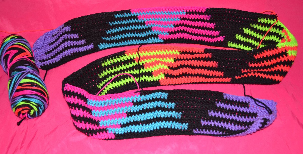 dragonclawnails's tweet photo. The start of a twin sized blanket with @RedHeartYarns neon stripes. One continuous piece, too large to fit without folding #colorpooling https://t.co/NWLkvx3N1K