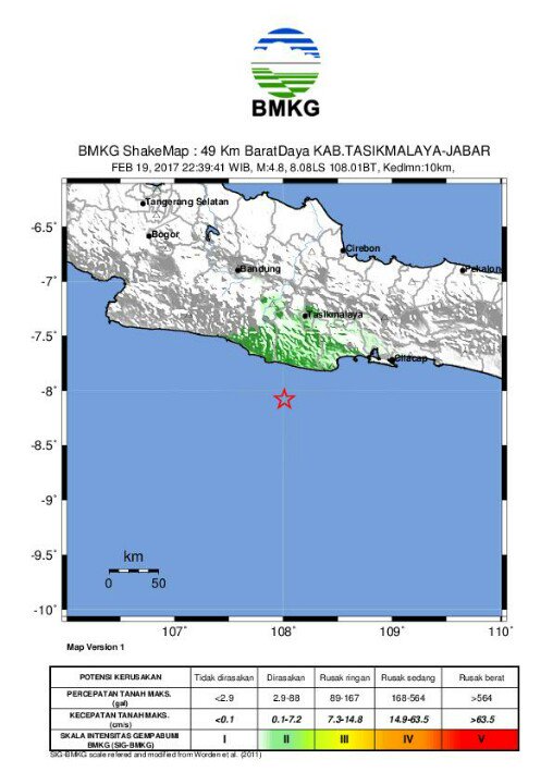 Kedlmn: 10 Km. Dirasakan di Kota Banjar dan Kota Tasikmalaya II SIG-BMKG (III-IV MMI) ::BMKG (2/2)