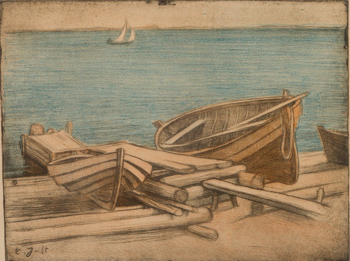 Sketch by Eero Järnefelt (1863+1937) - Venevalkama Pitkäpaadella - Haven in Pitkäpaasi #FinnishArt