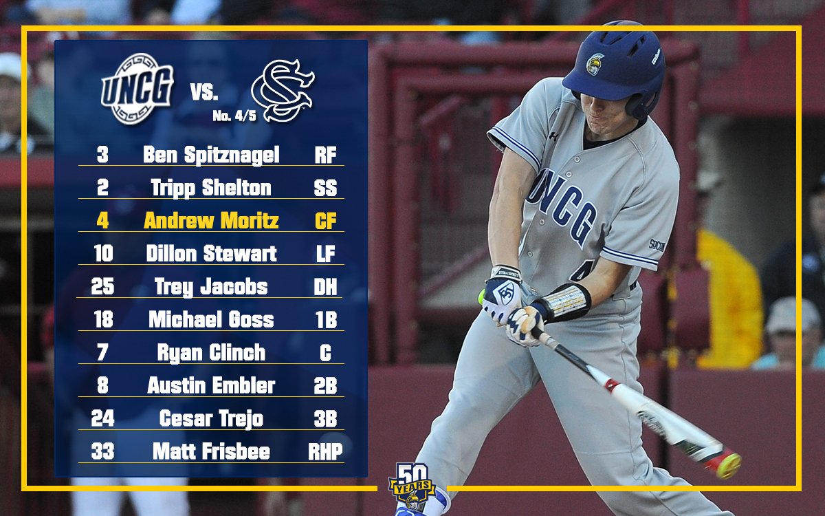 UNCGBaseball's tweet photo. Here's the starting lineup as we wrap up the series at No. 4 South Carolina! #letsgoG https://t.co/ShXKp248r9