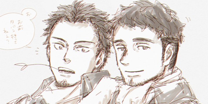 @smri_tos パイロット悪友 短髪バージョン描いてみたらやばかった…(※氷川と藤原です) 