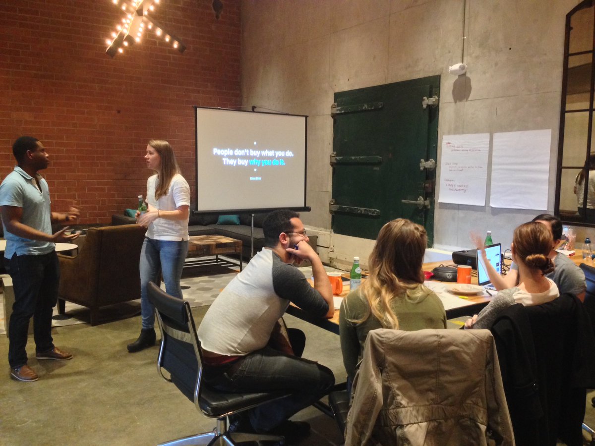 RaleighServJam's tweet photo. "People don't buy what you do. They but why you do it" - Simon Sinek @newkind facilitating #wisdom and how to tell a good story #GSJam https://t.co/QrE13sYEYf