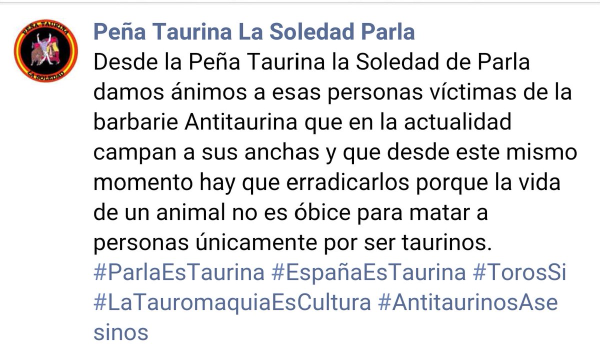 PTSoledad_Parla's tweet photo. Hay que erradicar a esta lacra que extorsiona e incluso atenta contra los taurinos. BASTA YA DE VIOLENCIA ANTITAURINA. #AntitaurinosAsesinos https://t.co/Cde6CRRtcJ