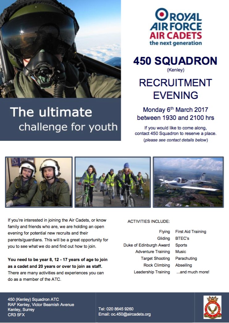 450 (Kenley) Sqn Air Cadets are recruiting this March! Open to boys and girls aged 12+ and in Year 8 or higher. Please Retweet!