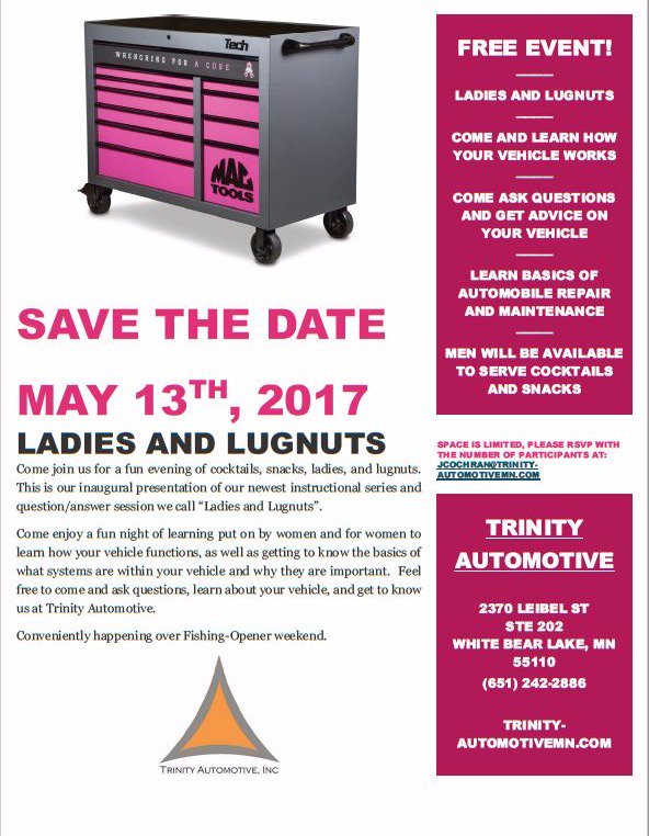 TrinityAutoMN's tweet photo. #LadiesandLugnuts #TrinityAutoMN Check out our newest event! https://t.co/kH2pAycLIq https://t.co/UXNHI0yC2S