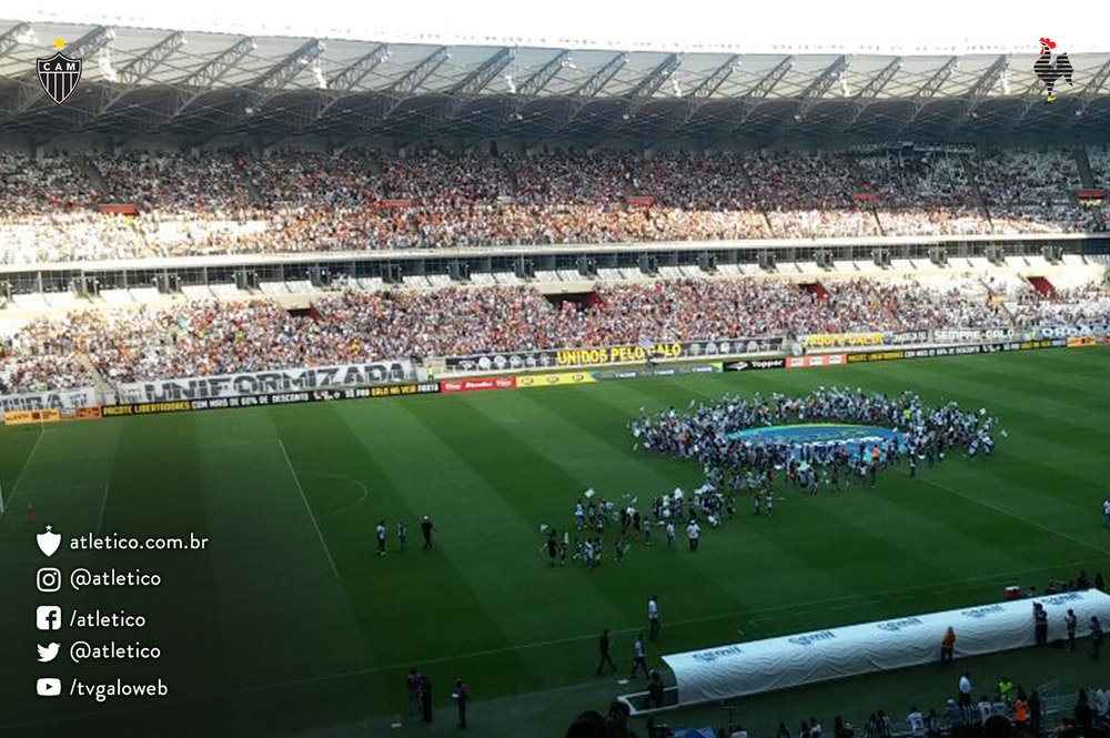 Atletico's tweet photo. Crianças trazidas pelo #Galo ao @Mineirao, em parceria com a Secretaria Municipal de Educação da @prefeiturabh, fazem a festa no gramado! https://t.co/mkXx2tpFqB