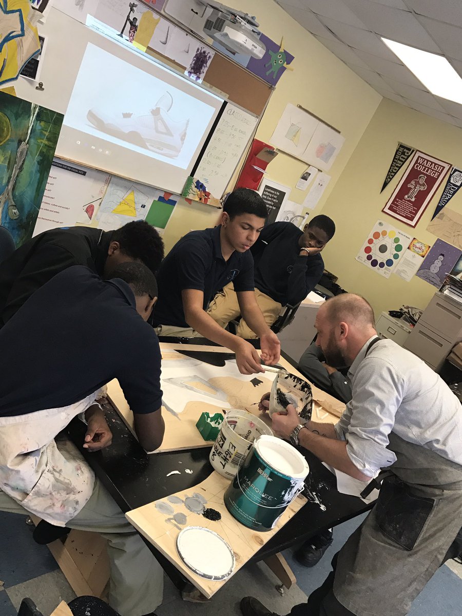 rustedblue's tweet photo. Jordan #cement4 #StreetArt being crafted in the classroom of a #garyindiana high school @Nike @Jumpman23 @SHERIMILLERWILL #TinkerHatfield https://t.co/Fvn9VHA7jO