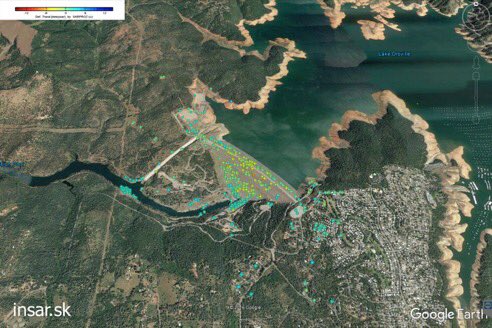 CopernicusEU's tweet photo. Preliminary PSInSAR analysis of #OrovilleDam using #Sentinel1 & #SARProZ @Copernicus @InSARinfo Desc Track No. 115, 34im by @InSAR_Slovakia https://t.co/iMigJbesIi