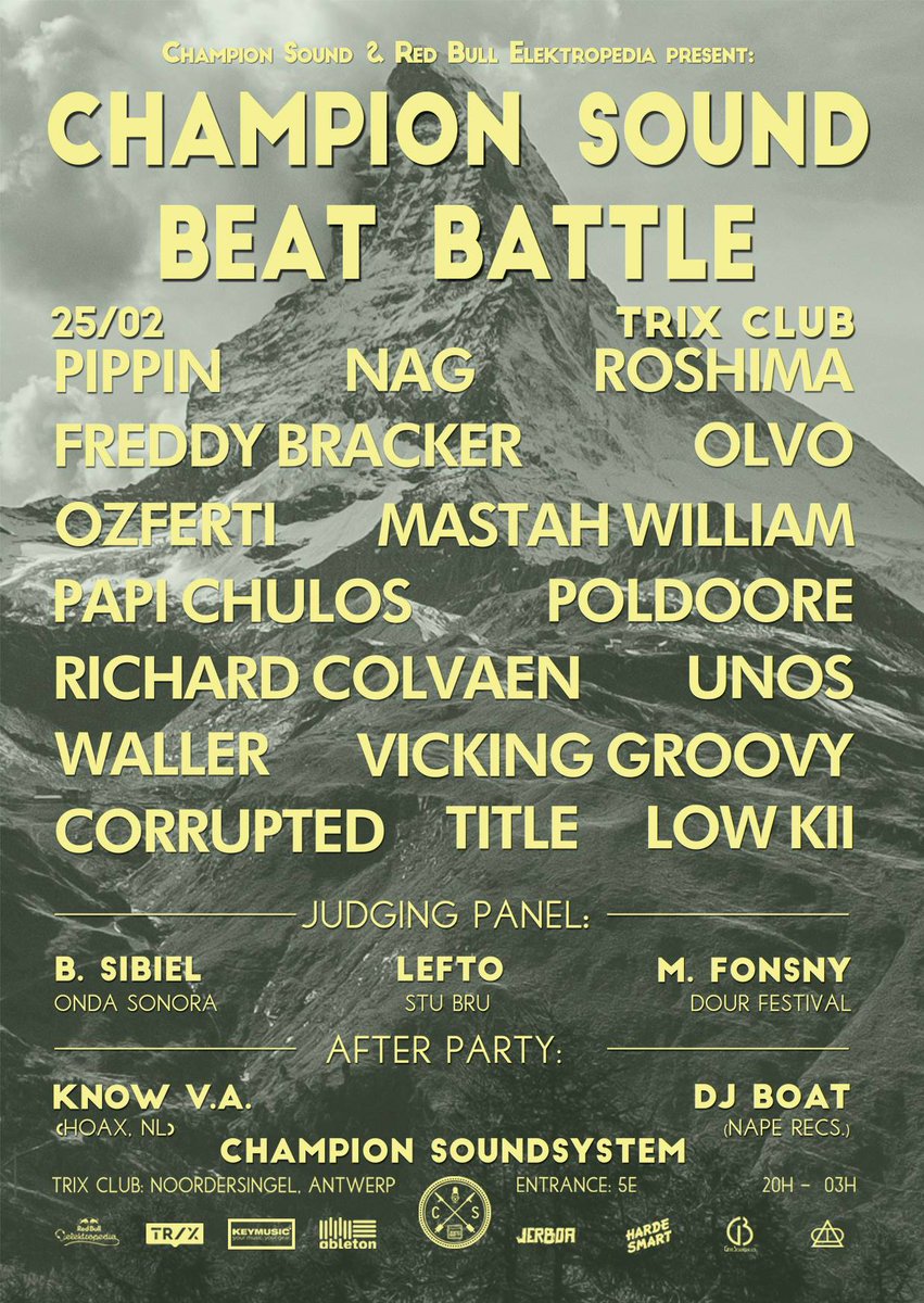 ChampionSoundBE's tweet photo. Saturday 25th of February: @ChampionSoundBE x @elektropedia beat battle at @TRIX_online Antwerp. RSVP: https://t.co/VYjIauCpDN https://t.co/ekCcjk9s9s
