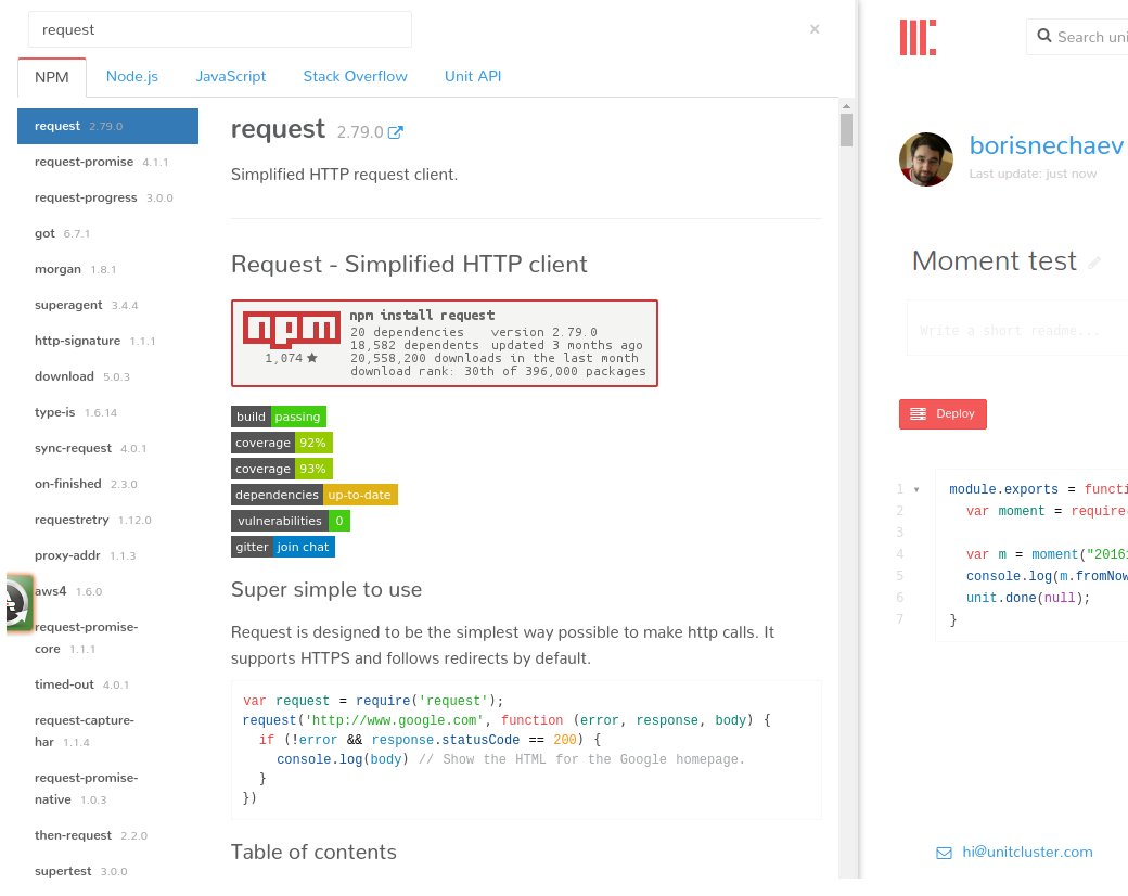 unitcluster's tweet image. Built-in documentation search now live! Search thru NPM modules, Node.js API, JavaScript standard built-in objects, StackOverflow, Unit API.
