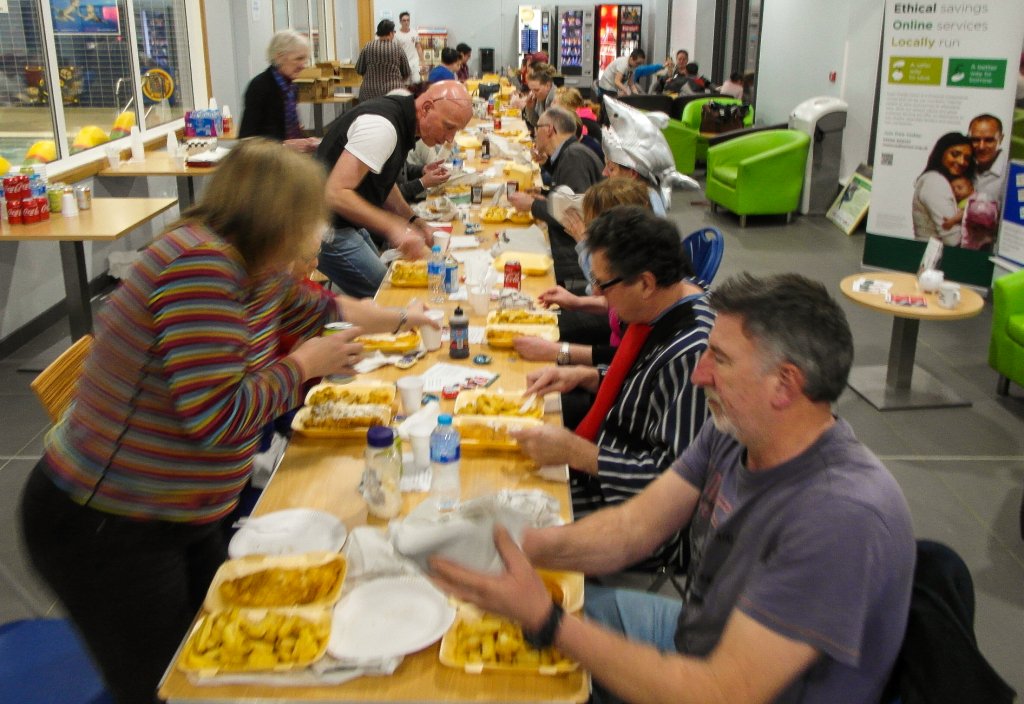 FullersSladeRA's tweet photo. #FullersSlade residents tucking into #Fish&amp;ChipSupper after #SharkNight Swim thx to Trading Standards IMLT @loansharknews @YourMKCommunity https://t.co/tS1L145Q3h