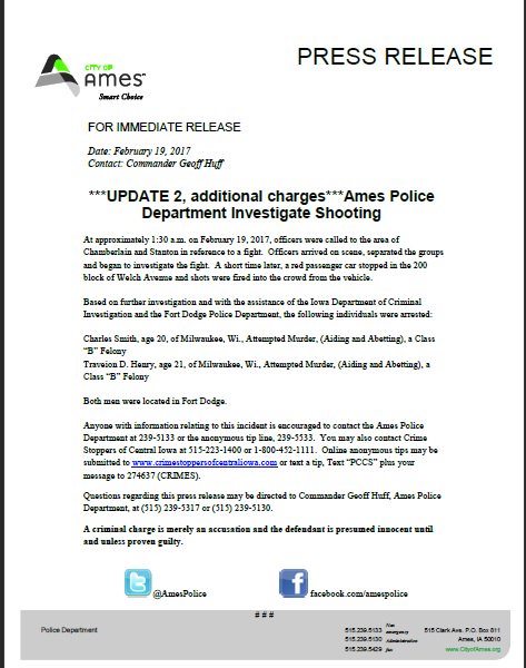 AmesPolice's tweet photo. 2nd Update, more charges, Ames Police Investigates shooting with assistance of Fort Dodge PD and Iowa Division of Criminal Investigation. https://t.co/eRH9m1ksLG