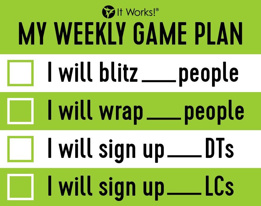 GO back to the basics of #BlitzWrapRepeat. Enroll new team members &amp; customers. Fill this out &amp; start checking these off! #ItWorksGOGetter