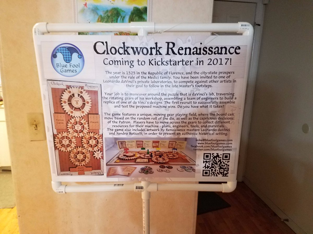bluefoolgames's tweet photo. Made a PVC banner stand for my Kickstarter banner at #Tampahackerspace. #yearofthefool #bluefoolgames #steampunk #clockworkrenaissance https://t.co/D39g1rO8uA