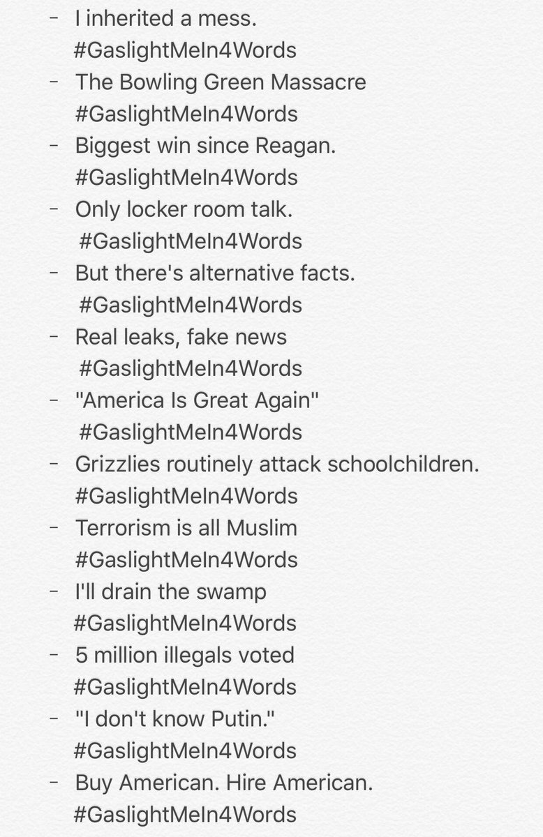 MarrihaSwtLady's tweet photo. Gaslighting done daily by #45 & cabinet to US. awakening bigotry, condoning/encouraging hatred & normalizing deception. #GaslightMeIn4Words https://t.co/u8CPkNaMFa