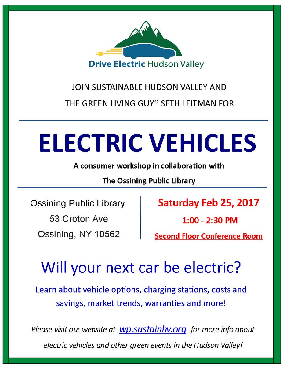 Hey <a href="/ElonMuskNewsOrg/">Elon Musk News</a>  EV Consumer workshop at Ossining Library this Sat with <a href="/greenlivingguy/">The Green Living Guy</a>  Tell all to come!
