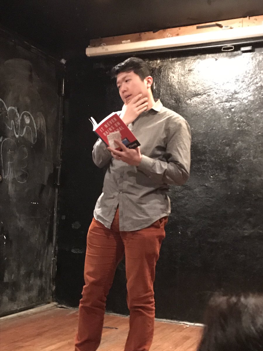 Shewrites's tweet photo. .@sundaysalonNYC w/ @jiminhanwriter @MMaldonadoMD listening to the brilliant #jeremytiang author of It Never Rains On National Day. https://t.co/5991qDUd71