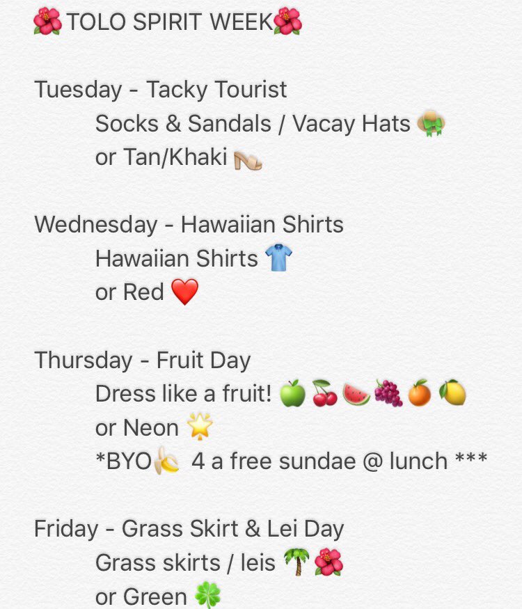 Happy Tolo week!! Here are the spirit days for this week! 🌺🌞
