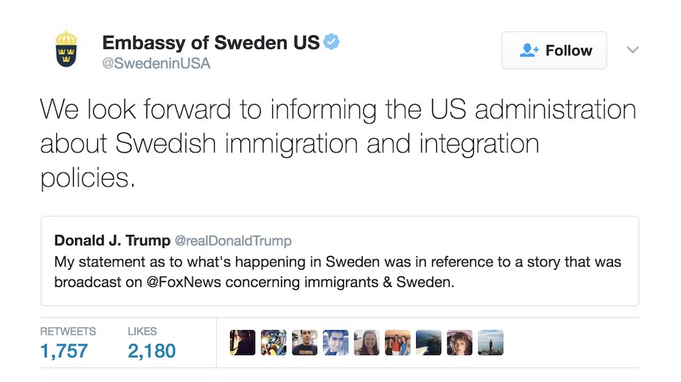 thehill's tweet photo. Sweden trolls Trump with offer to teach him country’s immigration policy https://t.co/037tD7527H https://t.co/zOW1wDiIVQ