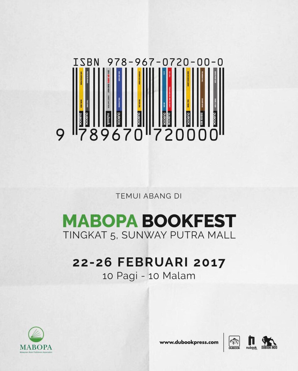 DuBookPress's tweet photo. MABOPA BOOKFEST di Sunway Putra Mall. 22 - 26 Feb.

Datang woih. Cari booth 15. https://t.co/1Us21QZNkA