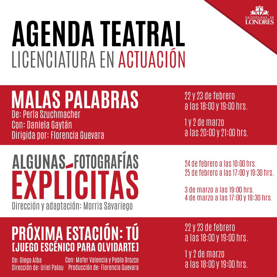 udlondresmx's tweet photo. Alumnos de #Actuación realizarán una serie de presentaciones. Te invitamos a disfrutar su magnifico trabajo 🎭💃🏻🕺🏻| #UDL #Teatro #Cultura https://t.co/6PP6XA9q2o