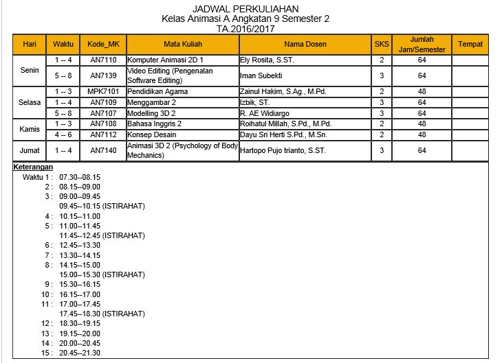 Jadwal Mata Kuliah kelas A angkatan 9 semester 2! :D