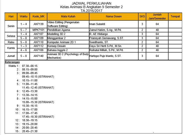Jadwal Mata Kuliah Kelas Animasi B angkatan 9 semester 2! :D