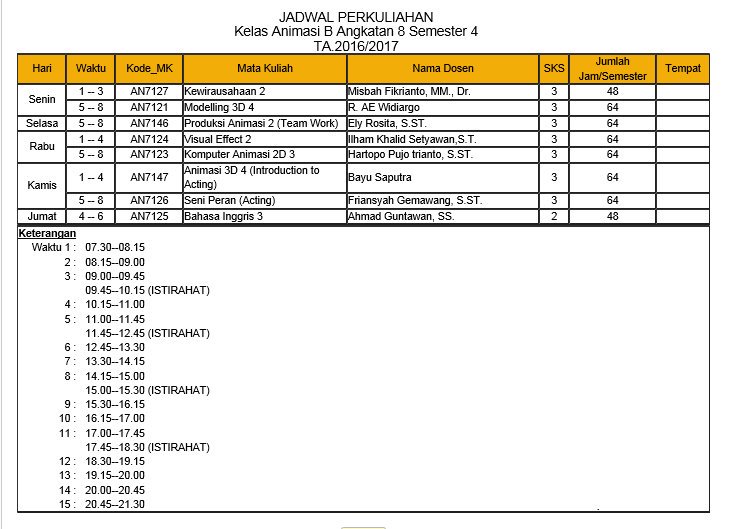 Jadwal Mata Kuliah Kelas Animasi B Semester 4! :D