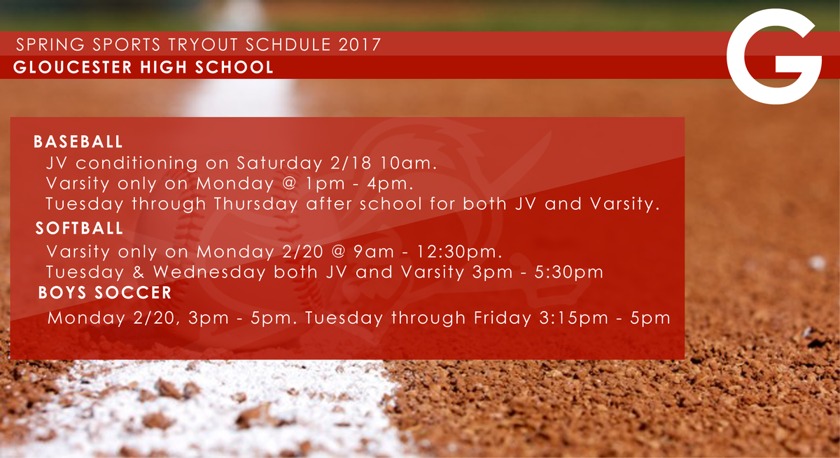 GHighSports's tweet photo. Spring sports start Monday, 2/20. See the Tryout schedule below.  Any athlete trying out must have a physical dated after May 1 2016 on file https://t.co/hsLamWGD9k