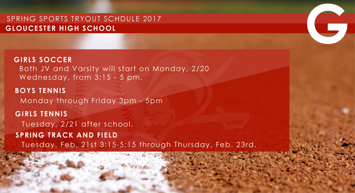 GHighSports's tweet photo. Spring sports start Monday, 2/20. See the Tryout schedule below.  Any athlete trying out must have a physical dated after May 1 2016 on file https://t.co/hsLamWGD9k
