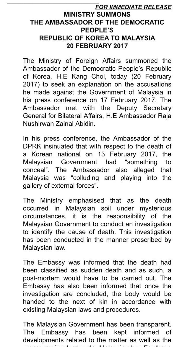 MalaysiaMFA's tweet photo. Amb of DPRK summoned to the Ministry to explain his remarks, 20 Feb - #DPRK #KimJongNam #Malaysia https://t.co/dPxaNLoB8U