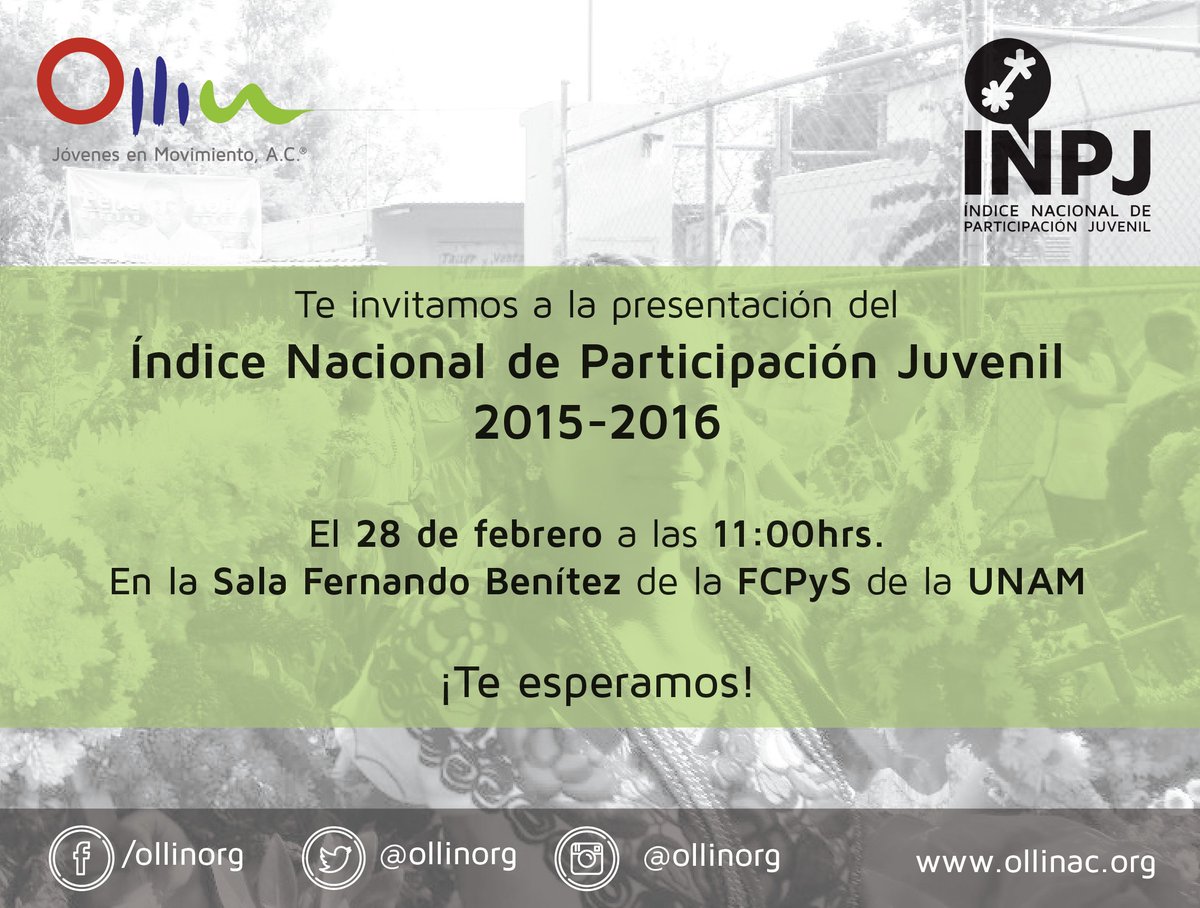ollinorg's tweet photo. Vamos a presentar los resultados del #INPJ2016 en la @UNAM_FCPyS  el 28 de febrero a las 11am. ¡Te esperamos! :D https://t.co/tCUoyTROrA