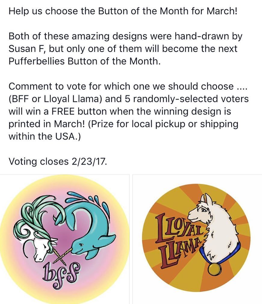 pufferbellies's tweet photo. There's still time to vote for the next (first) #buttonofthemonth! Vote here OR if you wan⦠https://t.co/9hZscfUToL https://t.co/fTvXLsWZt0