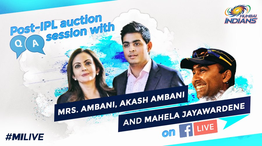 Mumbai Indians (@mipaltan) on Twitter photo Send in your questions for Mrs. Ambani, Akash Ambani, <a href="/MahelaJay/">Mahela Jayawardena</a> & they'll answer them LIVE on our Facebook page, post #IPLAuction. #MILIVE Send in your questions for Mrs. Ambani, Akash Ambani, <a href="/MahelaJay/">Mahela Jayawardena</a> & they'll answer them LIVE on our Facebook page, post #IPLAuction. #MILIVE
