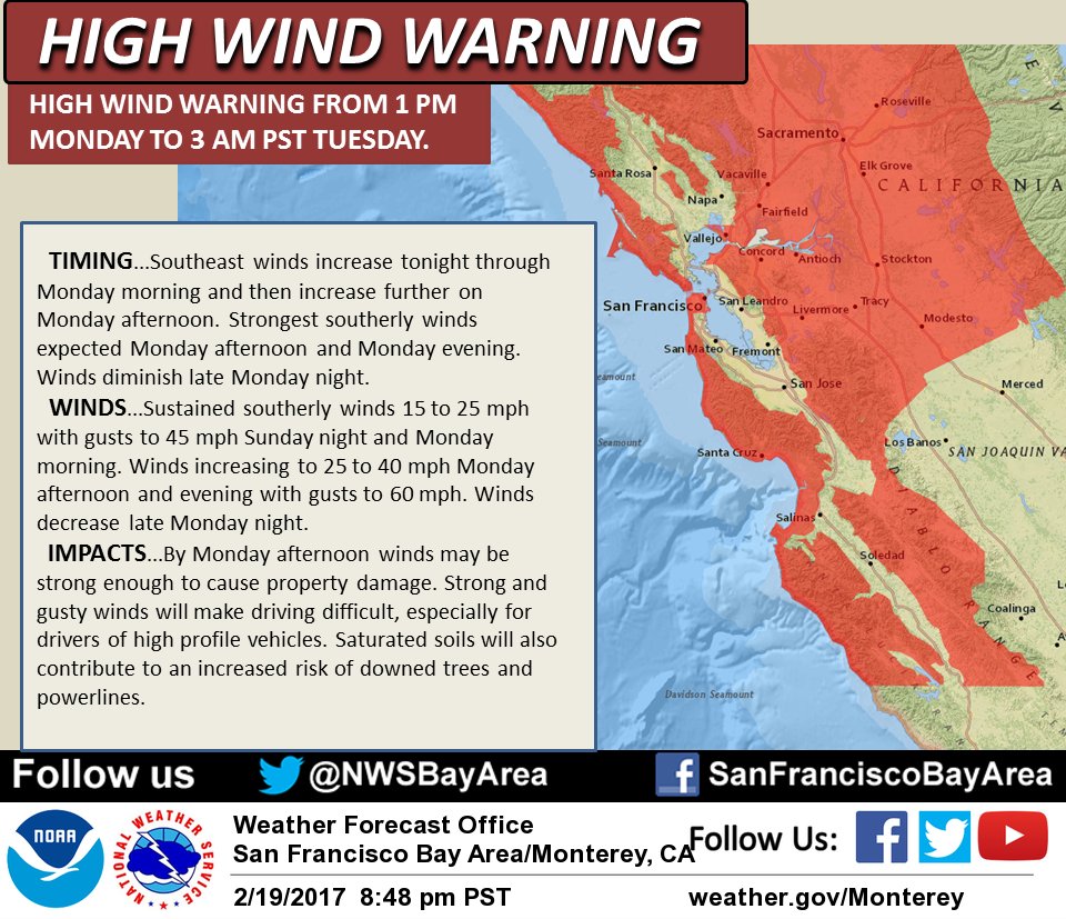 NWSBayArea's tweet photo. HIGH WIND WARNING IN EFFECT FROM 1 PM MONDAY TO 3 AM PST TUESDAY #castorm https://t.co/5T2iWgxCyV