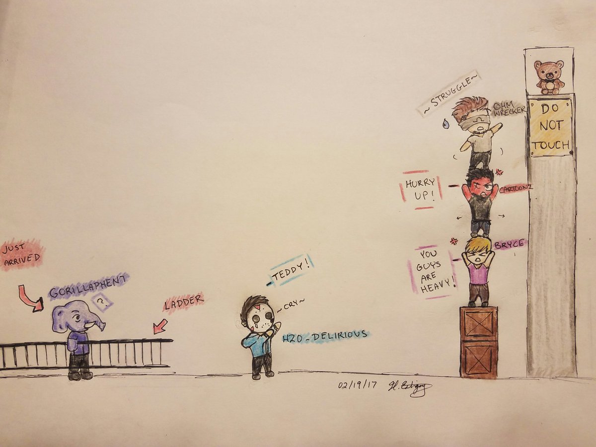 xoxo_hanners's tweet image. Drew a scenario I thought would happen with these five~ 😶 Love you guys~🙈 @_CaRtOoNz  @H2ODelirious @Ohmwrecker @BryceMcQuaid @gorillaphent