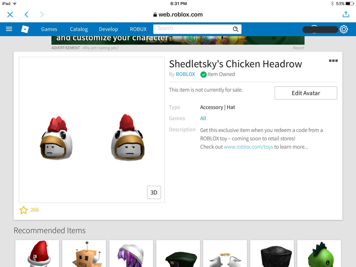 75602gamer On Twitter I Got Shedletsky S Chicken Headrow From Winning A Giveaway Thanks Hidden Graphics All I Want Now Is The Cane - chicken roblox code