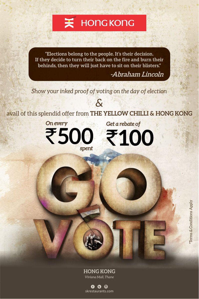 hongkongrest's tweet photo. We give you one more reason to vote! Offer valid on 21st February, 2017 only. #ElectionDay #ElectionOffer #HongKong #Thane #VivianaMall https://t.co/Up0h9RqYmK