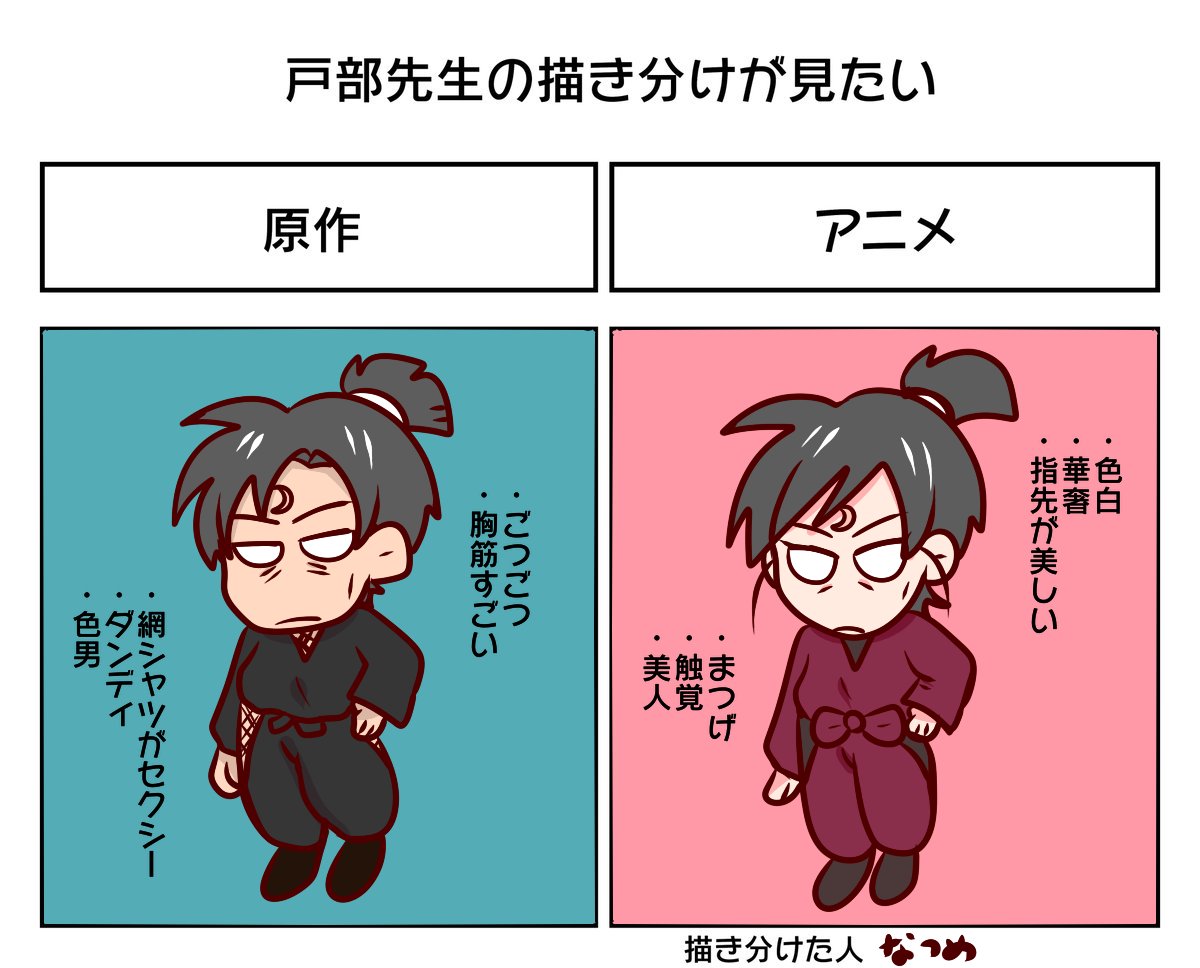 なつめ در توییتر 戸部先生の描き分け見てみたい 前回のがあまりにもシンプルだったのでデフォルメで再度 原作のほうがややシリアス 大人でアニ戸部のほうがコミカル気味 どちらも美しきゆらり剣豪である なつめ در توییتر 戸部先生の描き分け見てみたい 前回のがあまりにもシンプルだったのでデフォルメで再度 原作のほうがややシリアス 大人でアニ戸部のほうがコミカル気味 どちらも美しきゆらり剣豪である
