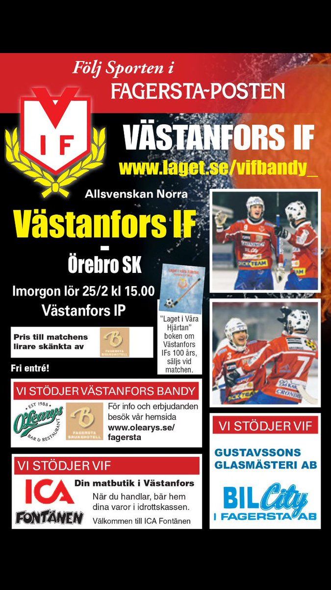 VIFbandy's tweet photo. Fri entré på lördag....
Säsongens sista match!!! #svbandy https://t.co/gI90m2txed