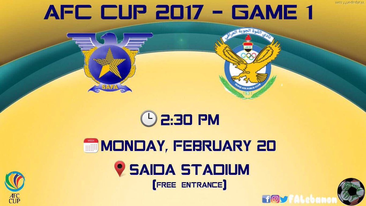 FALebanon's tweet photo. Match Day #AFCCUP2017 

Safa vs Air Force Cup at Saida Stadium at 2:30pm. 

Live on BeIn Sports 6.

https://t.co/C9MfS2wXTX https://t.co/5K0Z86CZoB