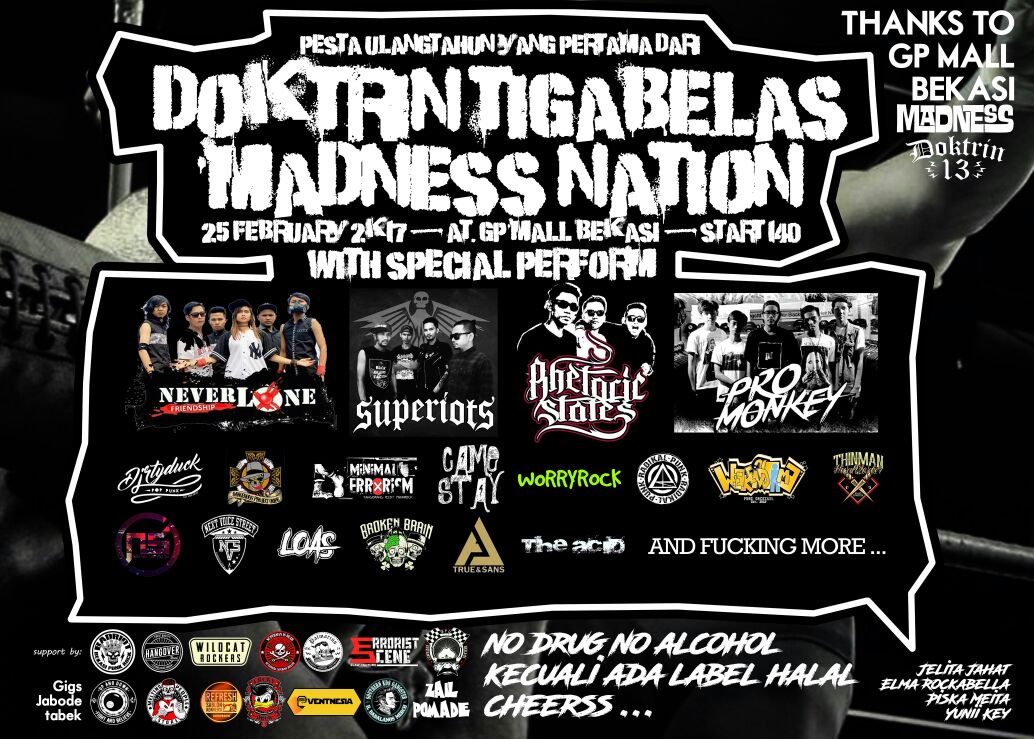 ANNIVERSARY#1 DOKTRIN 13 xXx MADNESS NATION. 25 FEBRUARI 2017. @ GP MALL BEKASI TIMUR. STAR : 15.00. FREE