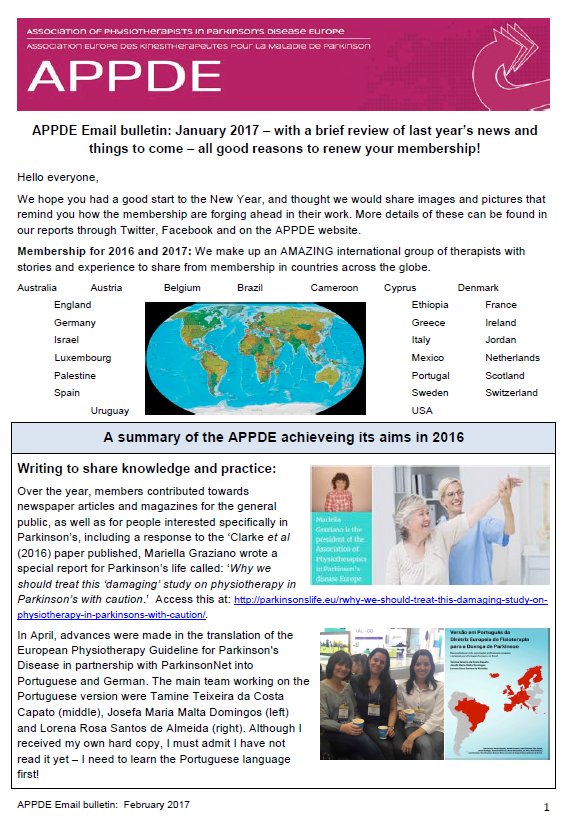 euPhysioPD's tweet photo. 2017 bulletin online VISIT https://t.co/NCgZmvyfZ8 @ekstokes  @tracyjbury @euparkinsons @ParkinsonNet @azaczyk @FranceParkinson @inpaneuroPT https://t.co/iy5N83WZZX