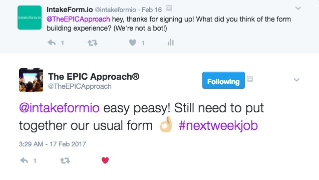 intakeformio's tweet photo. Awesome feedback from our users as always! Create your intake form online in seconds, for free https://t.co/4WDik3LEDa https://t.co/m1pegmLUP6