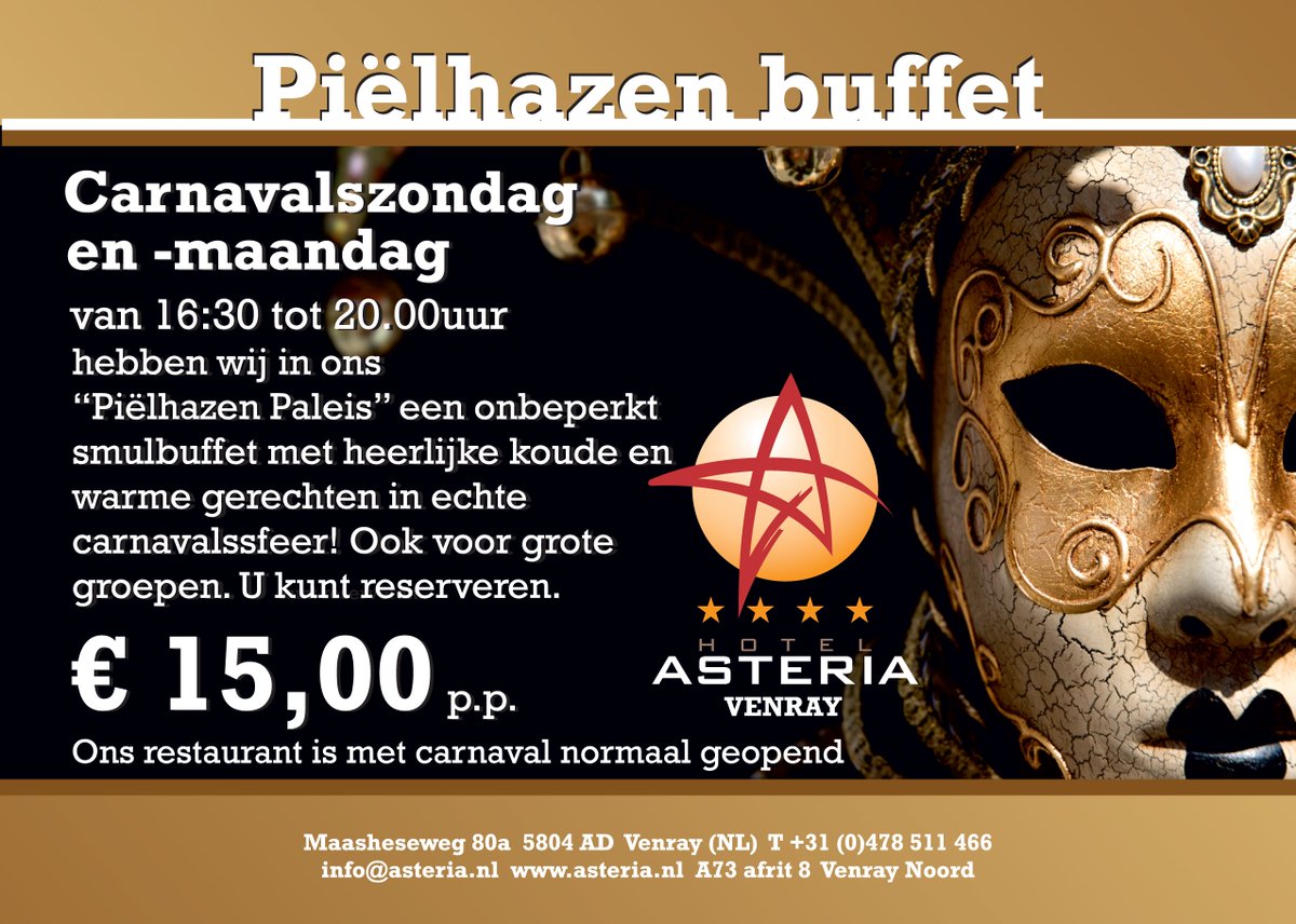 Reserveer nu voor ons Piëlhazenbuffet op Carnavalszondag -en maandag van 16:30-19:30 uur. ow.ly/R39n308XNiy #vastelaovend #piëlhaas