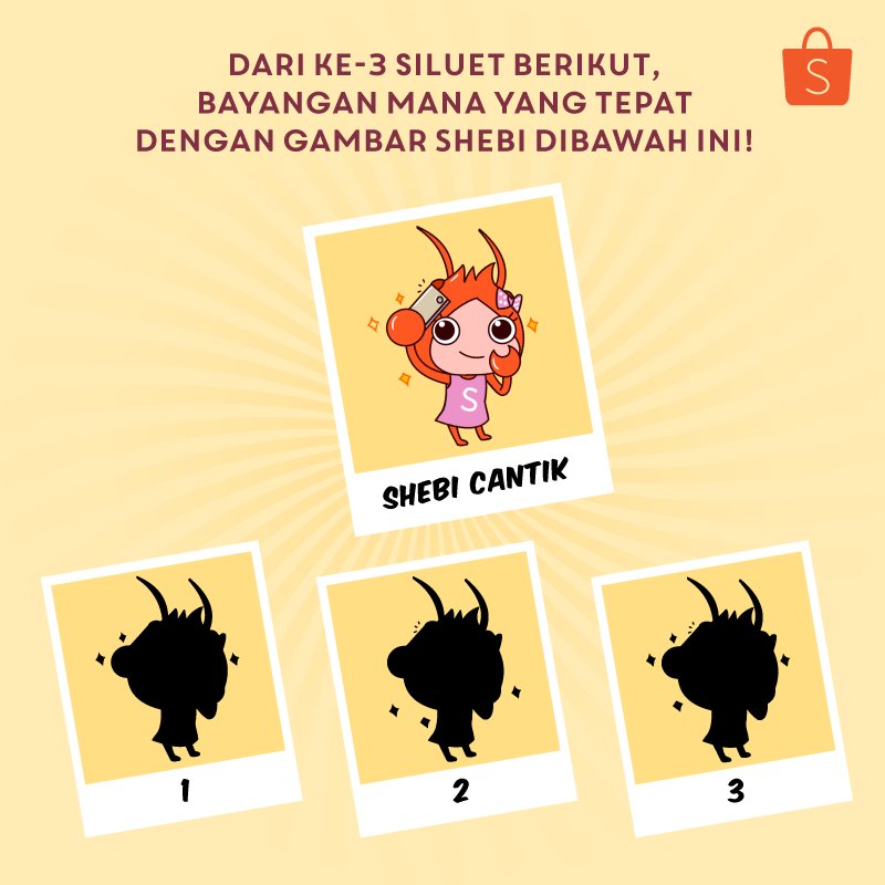 ShopeeID's tweet photo. Yuk ikutan main tebak-tebakan di FB/IG Shopee. Coba tebak, yg mana bayangan Shebi? 2 orang pemenang akan mendapatkan hadiah earphone loh! :) https://t.co/0NWKR3nPIJ
