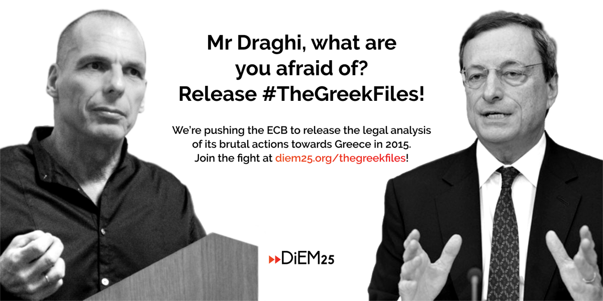 DiEM25_ES's tweet photo. ¿A qué le teme Mario Draghi? Únete a nuestra campaña para exigir que el BCE publique #TheGreekFiles https://t.co/l1SHtcaQ8d #LetLightIn https://t.co/OaR8SGg6gZ
