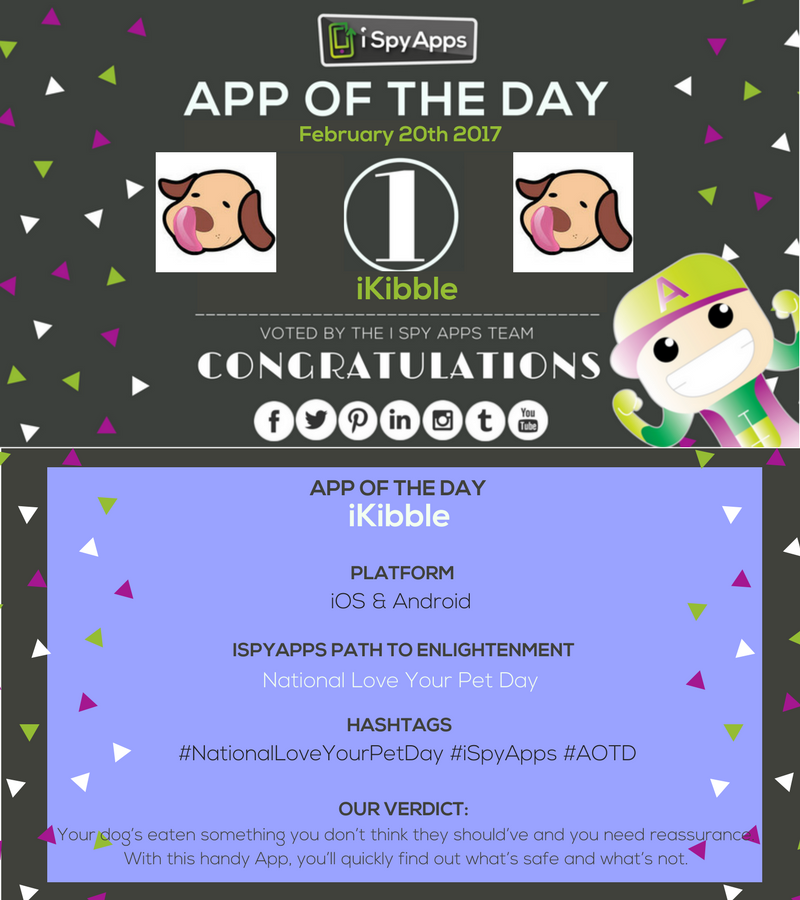 iSpyAppTravel's tweet photo. Congratulations, @ikibbleapp, for being nominated #APP OF THE DAY by #iSpyApps! Download it to keep your dog safe and yourself happy! #AOTD https://t.co/O9ffnbd75f