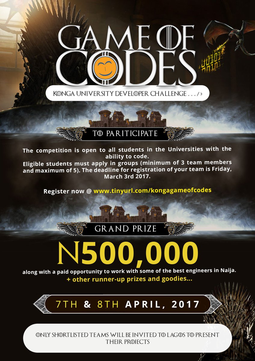 cliveua's tweet image. Something Nigerian students who can code might be interested in: — Konga University Developer Challenge. #GameOfCodes